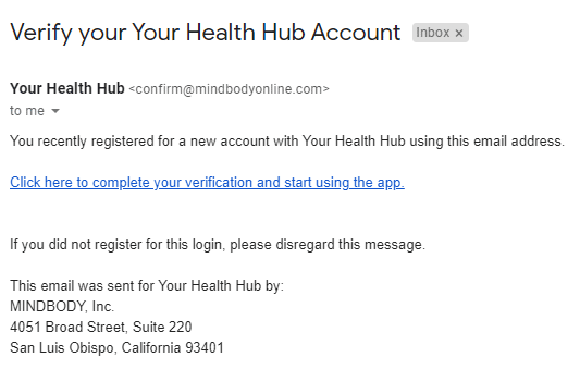 Verification Email Verification Email from Your Health Hub app